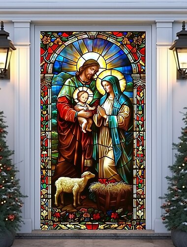  クリスマスドアカバー、ステンドグラスの聖家族の降誕シーンのホリデードアカーテン、宗教的な2025年クリスマスのドアハンギング、ポーチ教会のホームデコレーションのために
