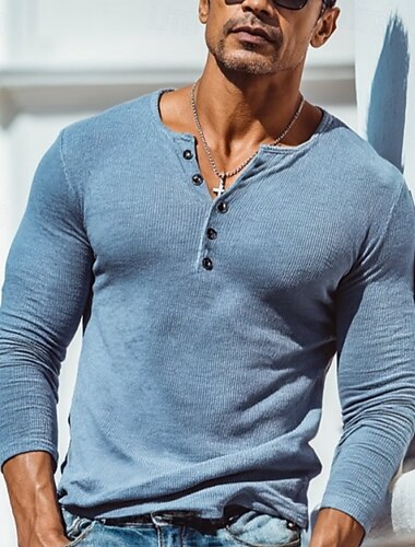  Homens Camiseta Camisa Henley Camiseta de malha canelada T-shirt Manga Longa Tecido Pit Strip Cor Única Moda Designer Básico Tricôt Decote V Henley Férias Rua Casual Primavera Outono Inverno Azul