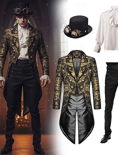  set con frac steampunk pantaloni a vita alta cappello a cilindro con occhiali retrò vintage medievale cappotto giacca tuta sportiva pantaloni a gamba dritta abiti da vampiro costume cosplay da uomo