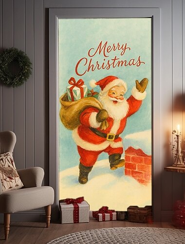  クリスマスドアカバー、ビンテージサンタクロースとギフトバッグのホリデードアカーテン、クラシックな2025年クリスマスのドアハンギング、パーティーポーチのホームデコレーション