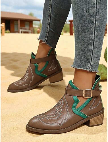  Women's Brown Western Ankle Boots – Faux Leather Retro Cowboy Style Shoes for Fall Outfits and Festivals