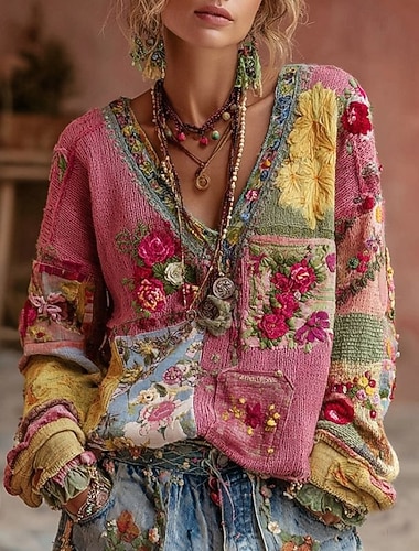  בגדי ריקוד נשים חולצה פרחוני גראפי הוואי מסוגנן בסיסי שרוול ארוך צווארון V חולצות רגילות יומי ליציאה ביגוד חוף דפוס ורוד מסמיק אביב סתיו