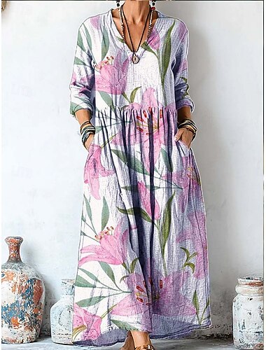 Femmes Robe maxi Robe d'Été Robe Plissée Vacances Occasionnel Boho Sortir Plage Coupe Ample Fleuri Graphique Paisley manche longue Col en V Rose Claire Violet Vert Été Printemps Automne Hiver