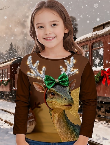  Weihnachten Mädchen 3D Hirsch T-Shirt Langarm Frühling Herbst Mode Basic Kinder 4-12 Jahre Rundhalsausschnitt Outdoor Lässig Täglich Normale Passform
