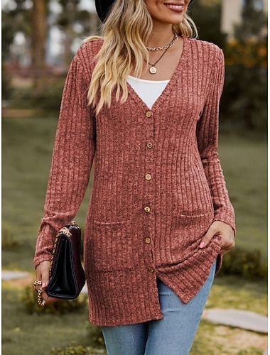  Női Pulóver Kardigán Elegáns Divat Utcai sikk Tiszta szín V-alakú Zseb Kötött Hosszú ujj Normál felsők Kötött Szabadtéri Napi Hétvége Vörösbor Fekete Ősz Tél