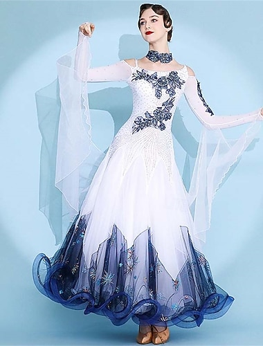  Damen weiße Spitze Diamant Walzer Gesellschaftstanz Wettbewerb Modern Dance Kleid