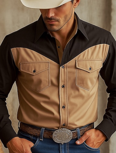  Homens camisa ocidental Camisa de carga Camisa de caubói Marron Manga Longa Côr Sólida Aberto para a Lateral Desportos e Ar livre Casual Bolsos Roupa Casual Tático