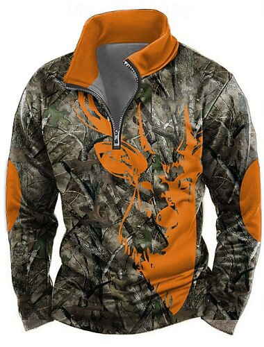  رجالي مموه أيل كنزة تكتيكي ريترو خمر الصيد كم طويل رقبة عالية الأماكن المفتوحة رياضة في الهواء الطلق أخضر خضار العسكري سحاب ربع الرمز البريدي الخريف الشتاء مصمم S M L XL XXL 3XL