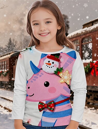  Jul Flickor 3D Dinosaurie Snögubbe T-shirt Långärmad Vår Höst Mode Grundläggande Barn 4-12 år Rund hals Utomhus Ledigt Dagligen Normal
