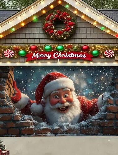  Housse de porte de garage de Noël, décoration de vacances d'hiver, rideaux avec Père Noël debout, imprimé mural pour la maison, l'entrée, le salon, la chambre à coucher, l'intérieur et l'extérieur, décoration festive et saisonnière pour la maison