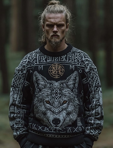  בגדי ריקוד גברים חיה זאב ויקינג סוודר סוודר סריגים צווארון צווארון רטרו\וינטאג' יום יומי חופשה רחוב יומי הדפסת תלת מימד סריגה Keep Warm שרוול ארוך אביב סתיו חורף שחור פול תלתן