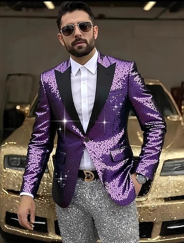  Per uomo Giacca blazer Collare di chiusura Moda Tinta unita Blazer Viola Verde Vestibilità aderente Monopetto Un Bottone