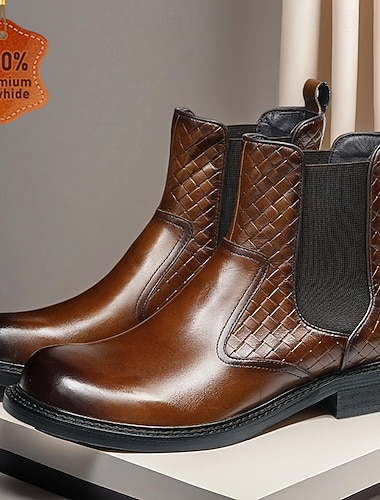  Botas Chelsea masculinas marrons de tecido, clássicas, sem cadarço, com painel lateral elástico para escritório, festas e trajes casuais elegantes