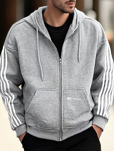  Homme Sweat à capuche Sweat à capuche zippé intégral Gris À capuche Rayures Zip Up Avec Poches Sport & Loisir Quotidien Fête Polyester Streetwear Basique Occasionnel Printemps Automne Vêtement Tenue