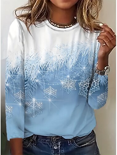 Weihnachten Damen T Shirt Grafik Schneeflocke Vintage Mode Stilvoll Langarm Rundhalsausschnitt Normale Oberteile Täglich Wochenende Druck Blau Frühling Herbst Winter   Weihnachten Damen T Shirt Grafik Schneeflocke Vintage Mode Stilvoll Langarm Rundhalsausschnitt Normale Oberteile Täglich Wochenende Druck Blau Frühling Herbst Winter
