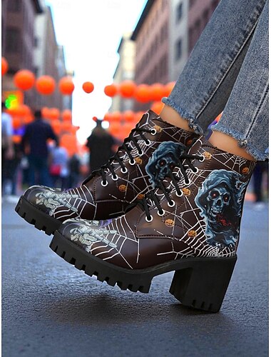  stivaletti alla caviglia gotici da donna con teschio e ragnatela per Halloween – scarpe in similpelle con tacco spesso e lacci per feste spettrali e cosplay