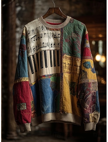  Women's Piano Music Sweatshirt Graphic Striped Abstract Casual Long Sleeve Crew Neck Regular Tops Home Work Street Patchwork Yellow Light Green Red Blue Orange Spring Fall Winter