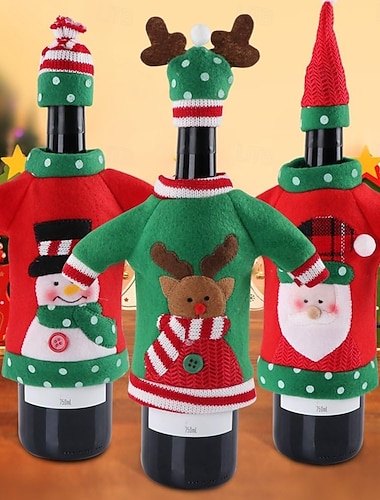  Zestaw 3 świątecznych pokrowców na butelki wina, haftowanych torebek na wino z motywem kreskówkowym, dekoracji na butelki czerwonego wina i szampana, akcesoriów na świąteczny stół, wielokrotnego