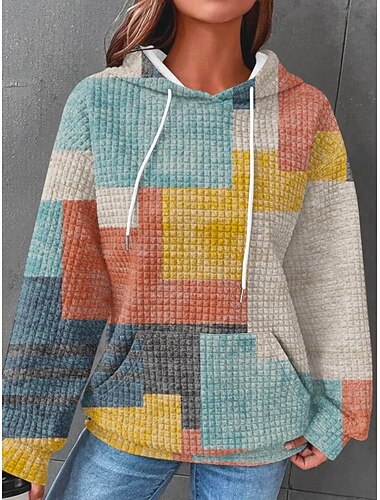  Mujer Sudadera con capucha Pullover Plaid Casual Manga Larga Con Capucha Tops regulares Calle Uso Diario Bolsillo Estampado Amarillo Azul Piscina Gris Oscuro Gris Otoño Invierno
