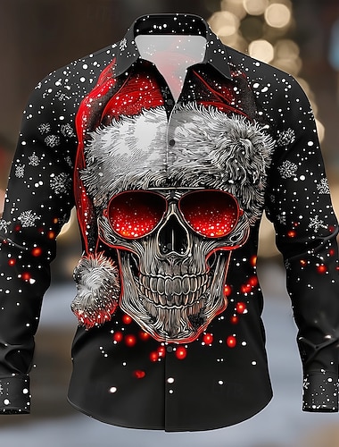  Halloween Homme Crâne Eclairage de Noël chapeaux de Noël Chemise Chemise Boutonnée manche longue Punk gothique sombre Extérieur Fête Printemps Automne Col Rabattu Impression 3D chemises à col Noir 1