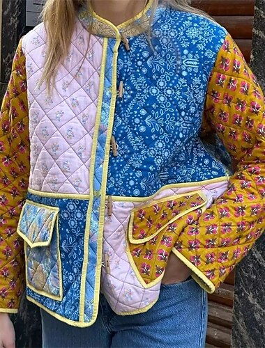  Mujer Chaqueta acolchada Chaqueta casual Cómodo Transpirable Bolsillo Botones Casual Floral Vacaciones Calle Casual Ropa Cotidiana Botonadura Simple Corto Escote Chino Ajuste regular Manga Larga Ropa