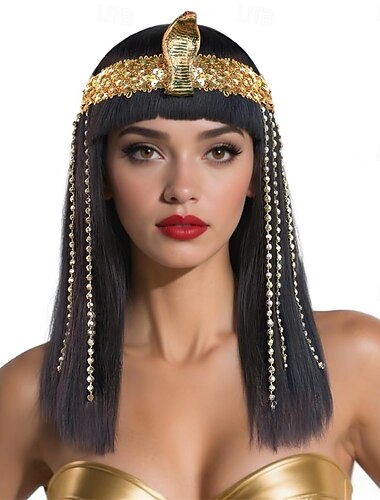  schwarze Cleopatra-Perücke, schwarzes Bob-Haar mit Pony für Frauen, Cleopatra-Cosplay-Perücke, kurze glatte Bob-Cosplay-Haare und Zubehör für Halloween-Kostüm-Outfit