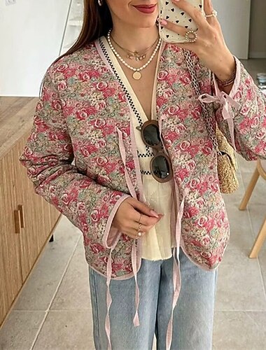  Mujer Chaqueta acolchada Chaqueta casual Cómodo Transpirable Correa Retro Casual Floral Vacaciones Calle Casual Ropa Cotidiana Cardigan Corto Escote en Pico Holgado Manga Larga Ropa de calle Rosa