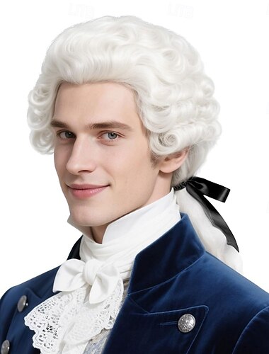  Paruka koloniálního soudce z 18. století, pudrovaná vlnitá paruka pro muže, dospělá, halloween, kostým George Washingtona, paruka