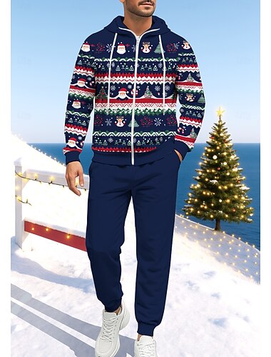  Navidad Hombre Sudadera Tracksuit Sudadera con cremallera Correa Bolsillos Pantalones Sudadera Sudadera con capucha y Pantalones Otoño Azul Marino Oscuro Entrenamiento de gimnasio Casual Baloncesto