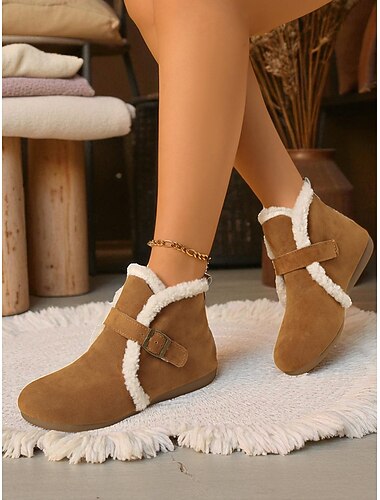  Damenstiefeletten aus braunem Wildlederimitat mit Lammfellfutter und Schnallenriemen – warme Winter-Freizeitschuhe für den Winter im Freien und in der Freizeit