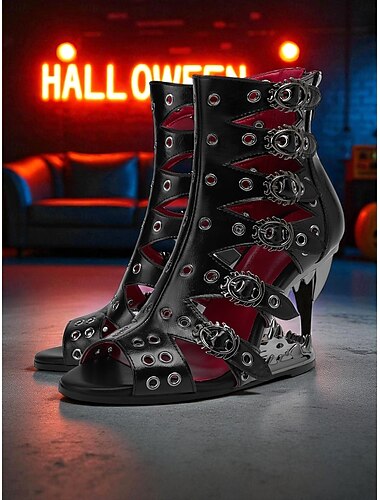  sandálias femininas estilo gladiador, estilo gótico, abertas, com salto plataforma e tachas - sapatos pretos punk recortados para looks de Halloween, cosplay e moda alternativa