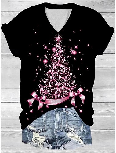  Vánoční dámské tričko s grafikou vintage stylové klasické krátké rukávy V výstřih standardní topy každodenní potisk černá + bílá + červená černá a šedá černá růžová khaki léto jaro podzim zima
