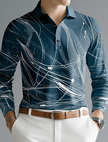  Ανδρικά Γεωμτερικό Linie Πόλο Μακρυμάνικο Μπλουζάκια πόλο Πέτο Business Casual ΕΞΩΤΕΡΙΚΟΥ ΧΩΡΟΥ Ένδυση γυμναστικής και άθλησης Καθημερινά Ρούχα 3D εκτύπωση Κουμπιά Άνοιξη Φθινόπωρο Χειμώνας Μπλε 1