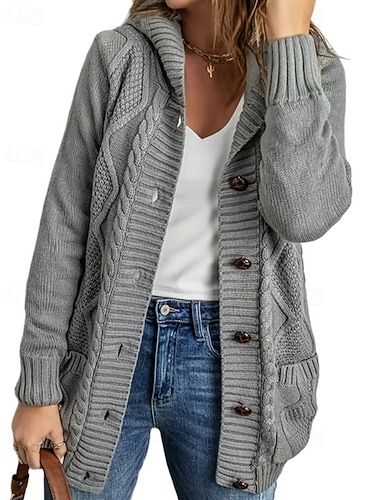 Damen Pullover Strickjacke Streetwear Lässig Einfarbig Mit Kapuze Knöpfe Gestrickt Langarm Normale Oberteile Stricken Täglich Ferien Wochenende Weinrot Schwarz Herbst Winter   Damen Pullover Strickjacke Streetwear Lässig Einfarbig Mit Kapuze Knöpfe Gestrickt Langarm Normale Oberteile Stricken Täglich Ferien Wochenende Weinrot Schwarz Herbst Winter