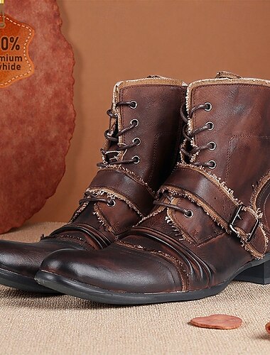  Men's Retro Brown Leather Biker Boots – Handmade High Top Motorcycle Boots with Buckle Accents for Punk, Gothic and Casual Streetwear
