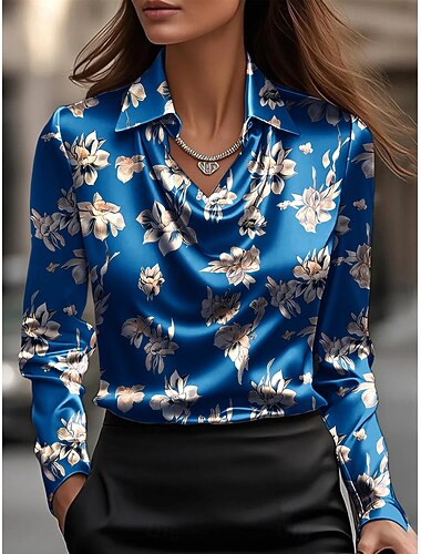  Damskie Koszula Kwiaty Elegancja Codzienny Lejący się dekolt Praca Codzienny Wieczorna impreza W fałdki Czerwony Niebieski Szmaragdowy Fioletowy Wiosna Jesień Zima