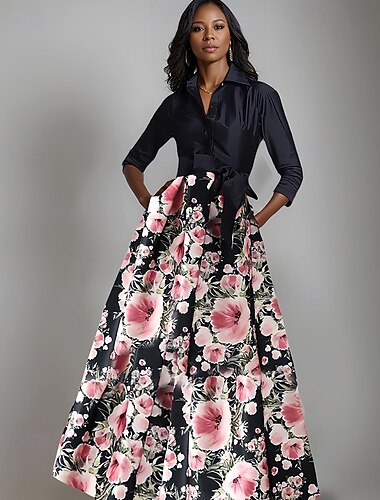  A-Line Mother of the Bride Dress Floral Print Shirt Dress Elegant Bow Pleats Floor Length Shirt Collar Satin 3/4 Length Sleeve with Buttons Spring Summer