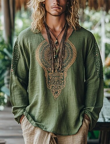  Miesten Pellava paita Kesä paita Vintage paita Etninen paita Pitkähihainen paita Boheemi Loma Katu Apila Pitkähihainen V kaula-aukko Kesä Kevät Vaatetus Entninen ja uskoinnollinen