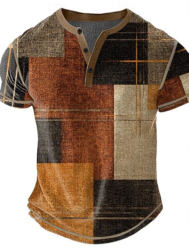  Муж. В клетку Пэчворк Рубашка Хенли Вафельная футболка С короткими рукавами Повседневные Ретро Классика Для спорта и активного отдыха Повседневные Праздники Весна лето Все сезоны