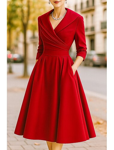  Vestido de mãe da noiva em corte A, vermelho e preto, elegante, vintage, gola estilo camisa, comprimento chá, cetim, manga 3/4 com franzido, cor sólida 2025
