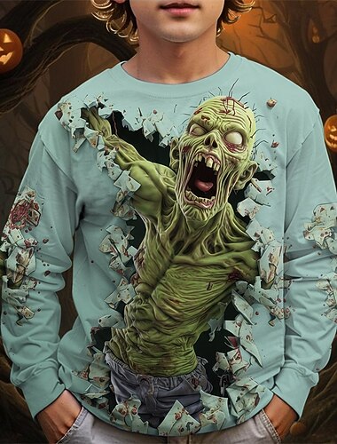  ハロウィン ボーイズ 3D スカル Tシャツ 長袖 春 秋 ファッション ベーシック 子供用 4～12歳 クルーネック アウトドア カジュアル デイリー レギュラーフィット