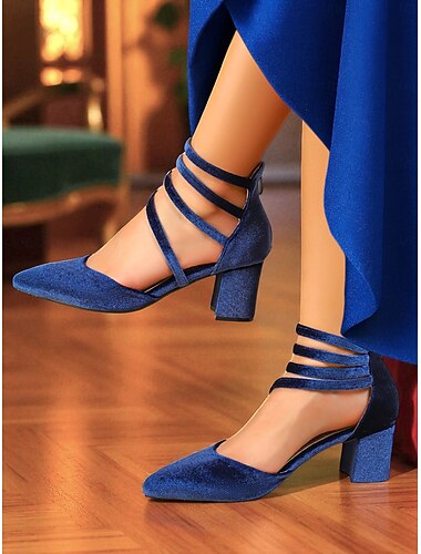  Damen-Pumps aus blauem Samt mit spitzer Zehenpartie und Blockabsatz und Mehrriemen-Design – elegante Schuhe für Cocktailpartys und formelle Anlässe