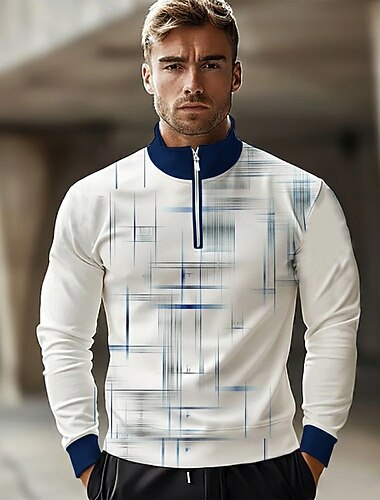  Men's Geometic Line Polo Long Sleeve Standing Collar Athleisure Vacation Athleisure Casual Daily 3D Print Spring Fall Winter Green Blue Brown