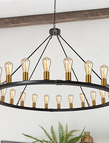  led lysekrone svart på hjul 20-lys stor rund rustikk lysekrone på landet industrilysarmatur til spisestue stue kjøkkenøy foaje gang