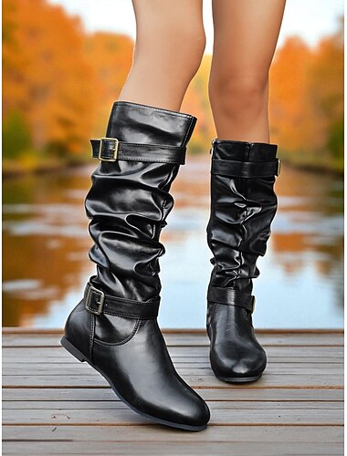  Damskie czarne, skórzane botki z paskiem z klamrą i zamkiem błyskawicznym z boku – wygodne, sięgające do połowy łydki buty casualowe na jesień, zimę i do codziennych stylizacji