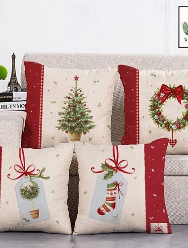  כרית זרוק patchwork אדומה ולבנה של כריסטמס מקרה כרית קישוט של זר חגים מצחיק מקרה כרית פשתן לספה