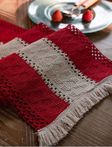  Tischläufer aus Baumwollleinen im amerikanischen Stil, gestreifter zweifarbiger Webstoff mit Quasten, Weihnachtsdekoration aus Naturmaterial