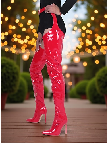  Rode lakleren dameslaarzen met hoge dijen en stiletto's - sexy overknee feestschoenen voor het nachtleven en clubkleding