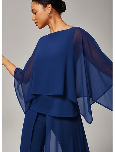  Top da donna in chiffon modal blu royal con scollo rotondo e maniche a mantella, elegante, alla moda, lussuoso, casual, per le vacanze, primavera, estate, autunno
