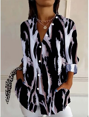  בגדי ריקוד נשים חולצה גראפי וינטאג' טרופי יומי שרוול ארוך שרוול 4\3 צווארון חולצה חולצות רגילות יומי חגים ליציאה כפתורים לבן פול סגול אביב סתיו חורף אביב, סתיו, חורף, קיץ